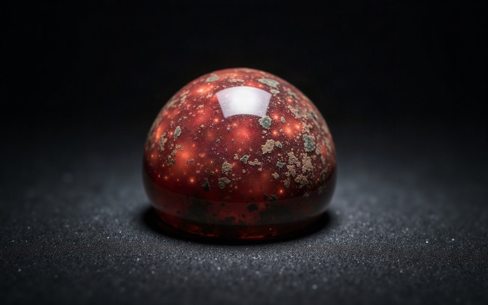 A polished red domed cabochon with speckled inclusions rests on a dark surface