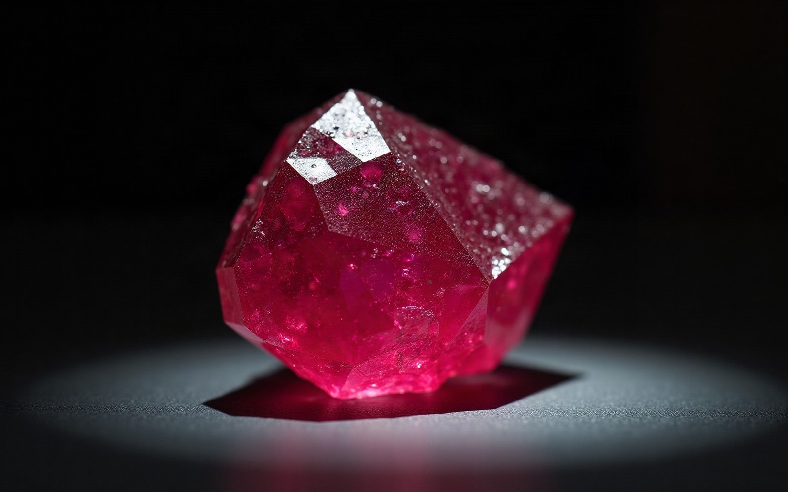 Rough-cut ruby crystal glowing deep red under a spotlight against a black background
