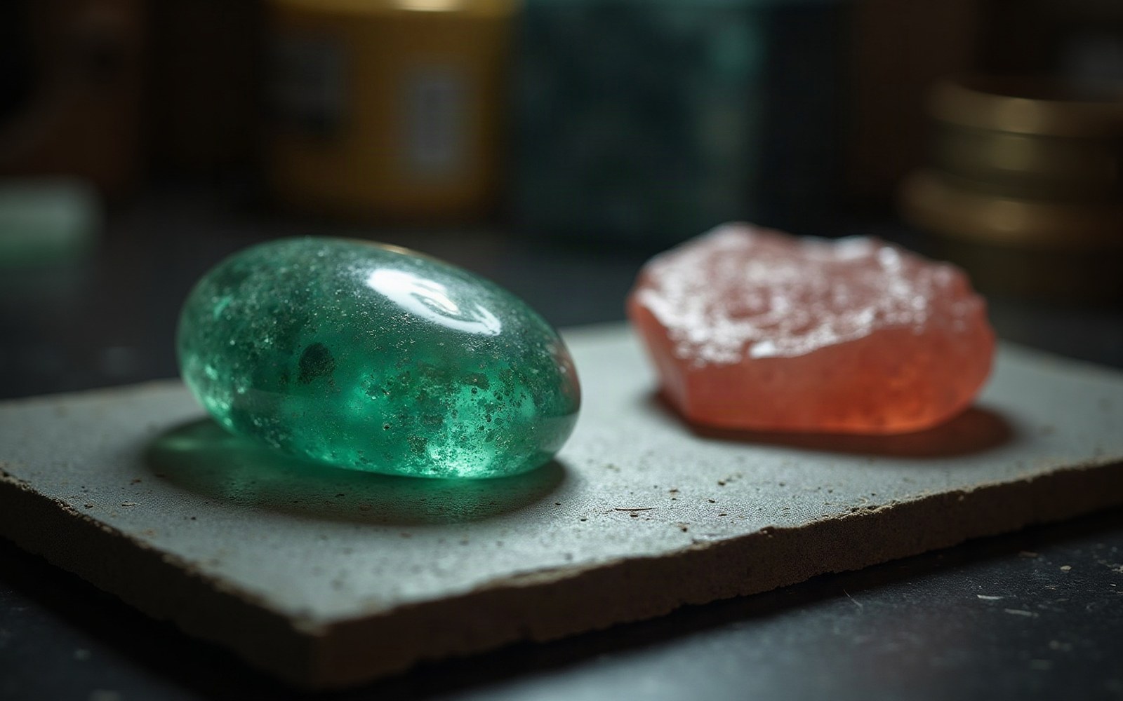 A polished green stone and a rough pink stone rest on a concrete slab