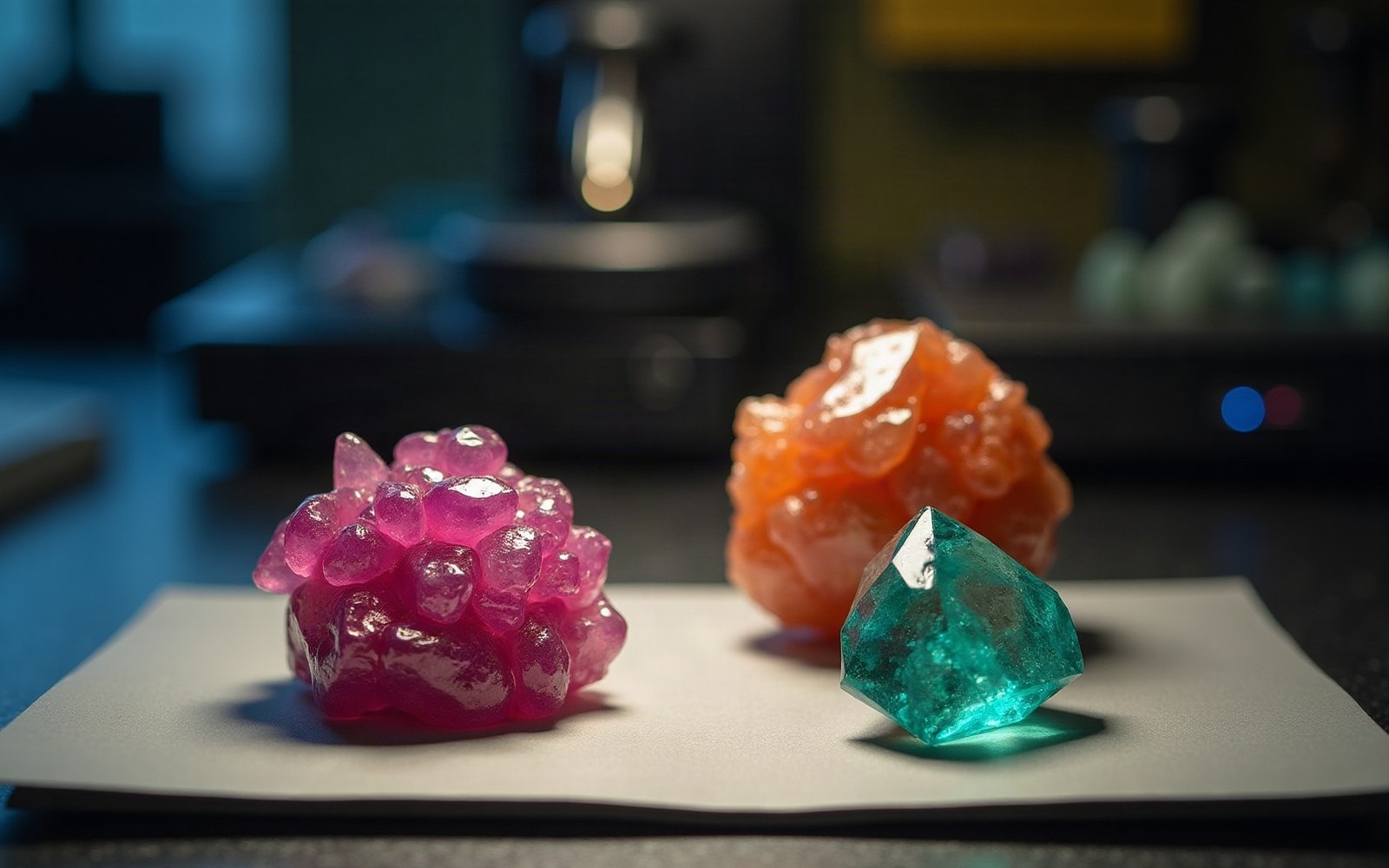 Pink, orange and teal crystal clusters displayed on a lab bench