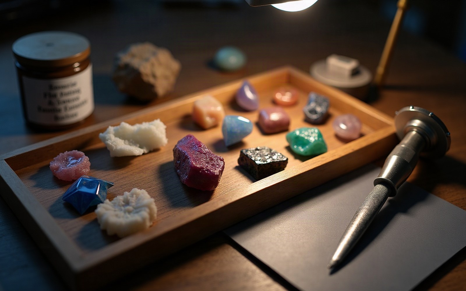 Assorted gemstones and mineral samples arranged on a wooden tray beside a jeweler's tool