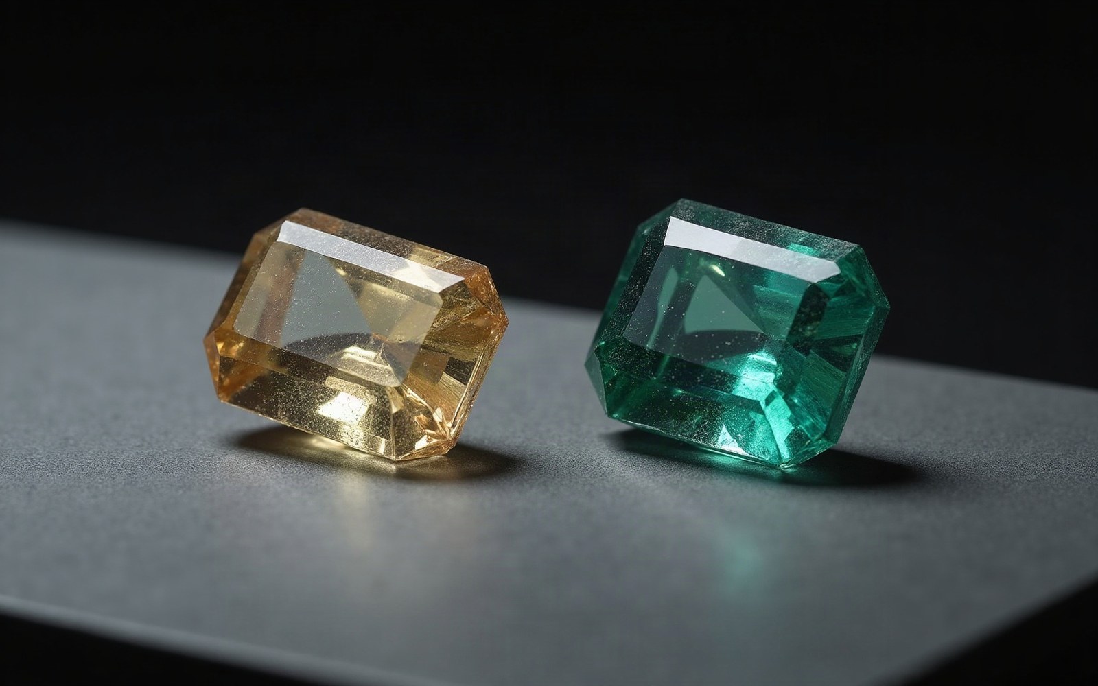Emerald-cut yellow and green gemstones sit side by side on a gray surface