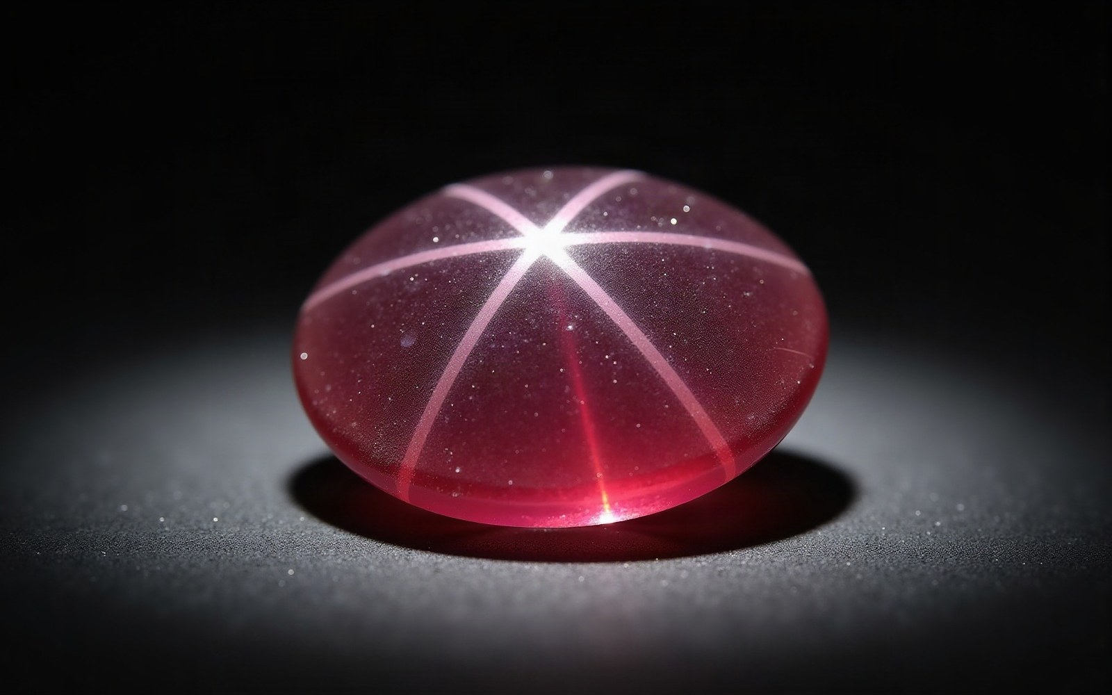A cabochon-cut star ruby displays a glowing six-rayed star under a single light source
