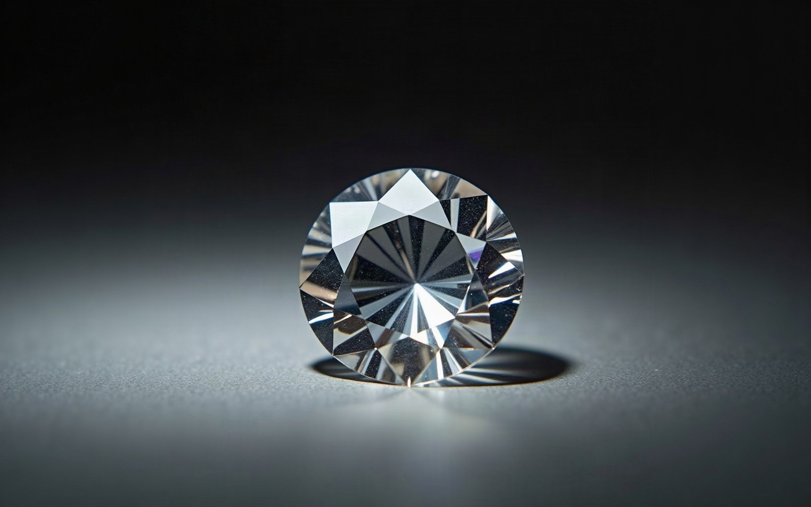 A round brilliant-cut diamond standing upright on a dark reflective surface