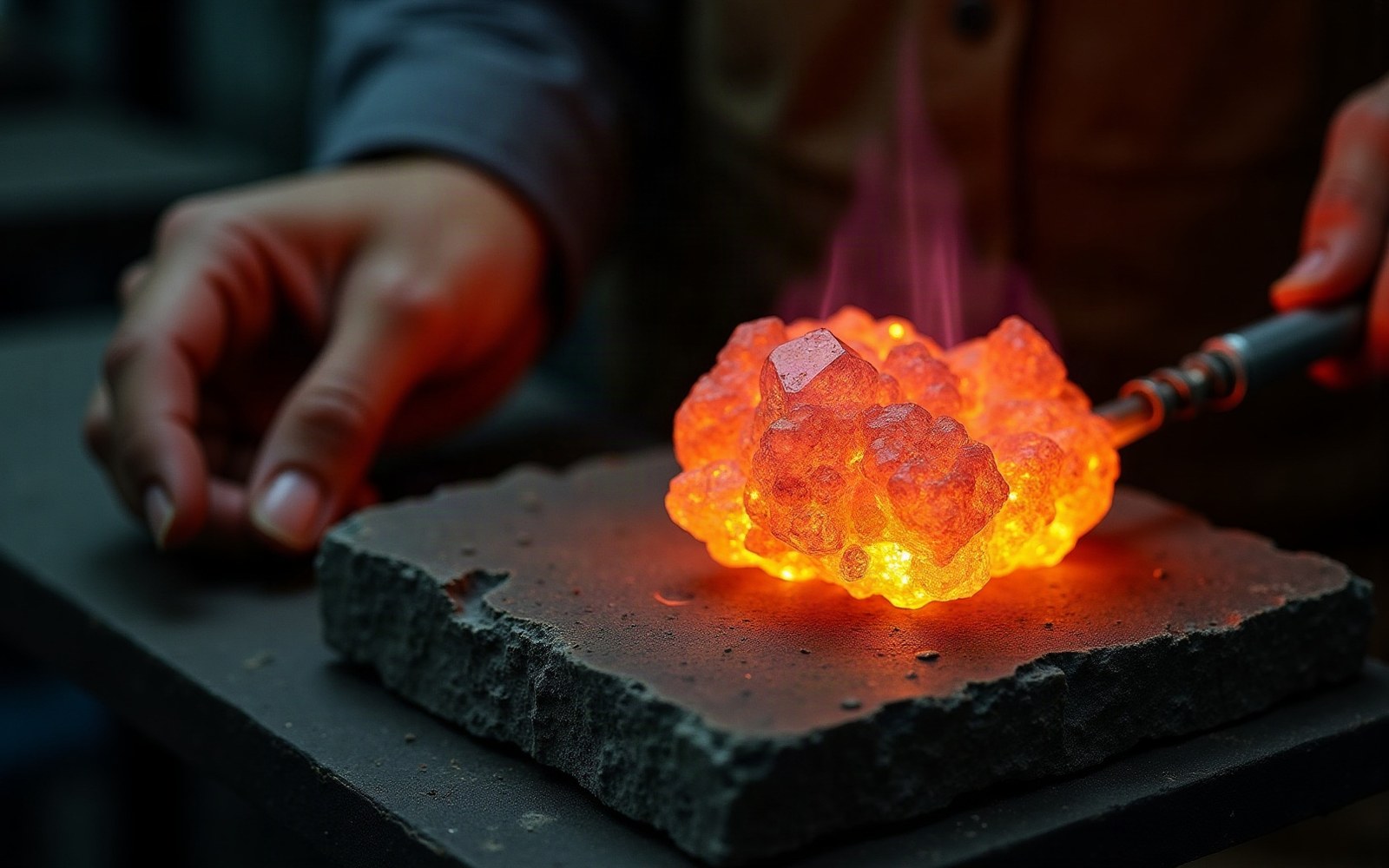 A glowing molten mass held with tongs over a stone slab as hands work nearby