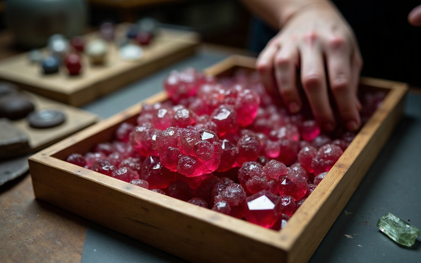 An adult sorter at a rough-ruby sorting table in Mogok, tray of red crystals under bench light, hands holding a single crystal